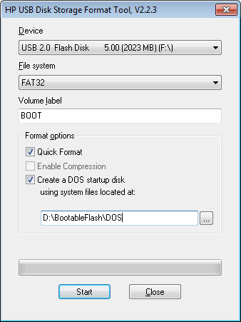 Окно HP USB Storage Format Tool